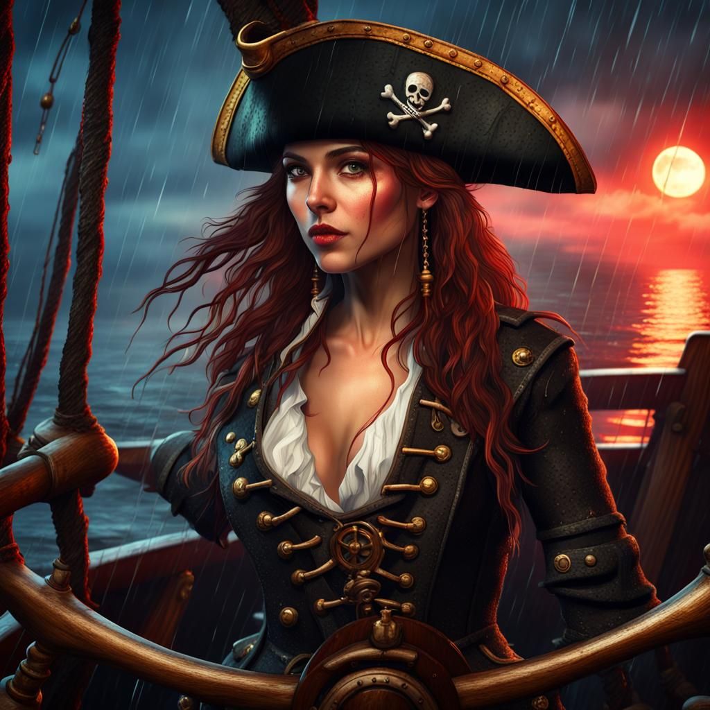 Beautiful Pirate Woman on Ship at Night
