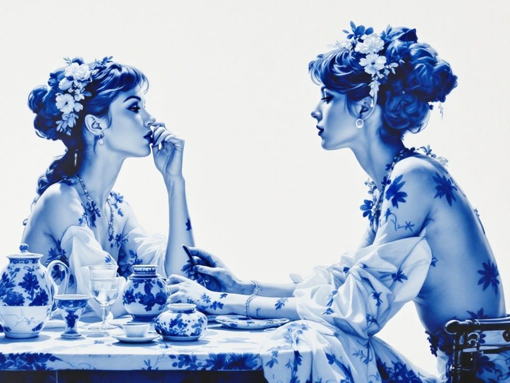 Luminous Blue Porcelain Figures in Serene Harmony