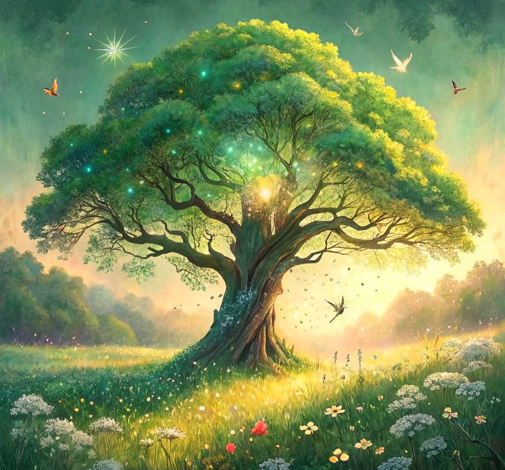 Ethereal Tree Radiates Golden Light in a Lush Meadow