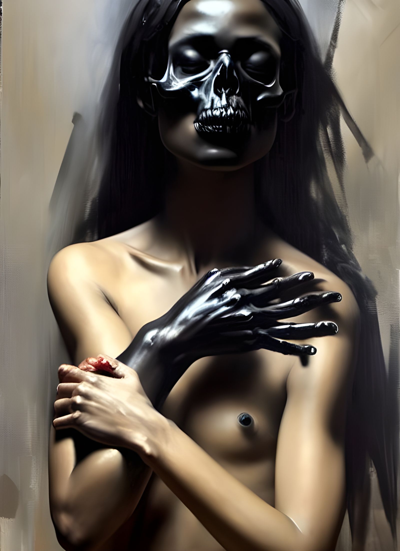 Dark Angel Portrait with Skull in Oil Paint