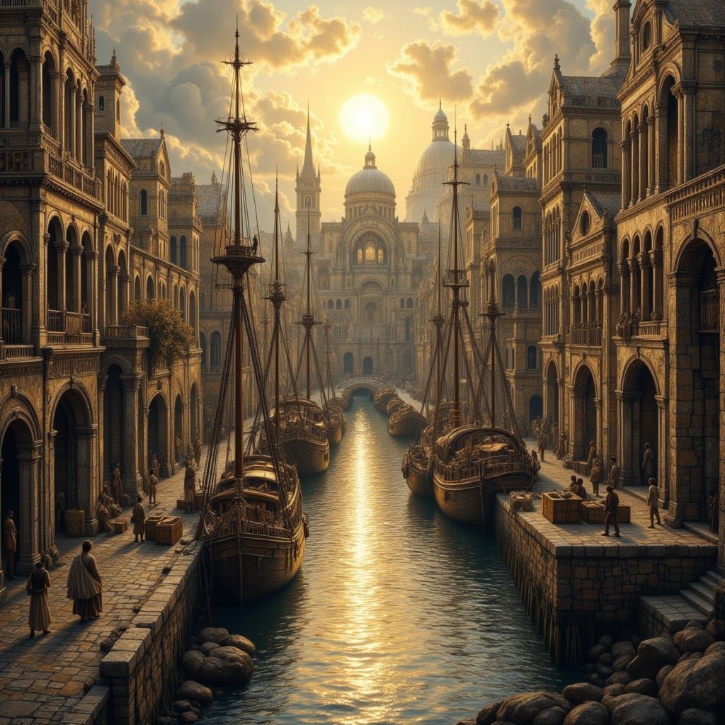 Ancient Harbor at Sunrise, Ultra-Realistic Illustration