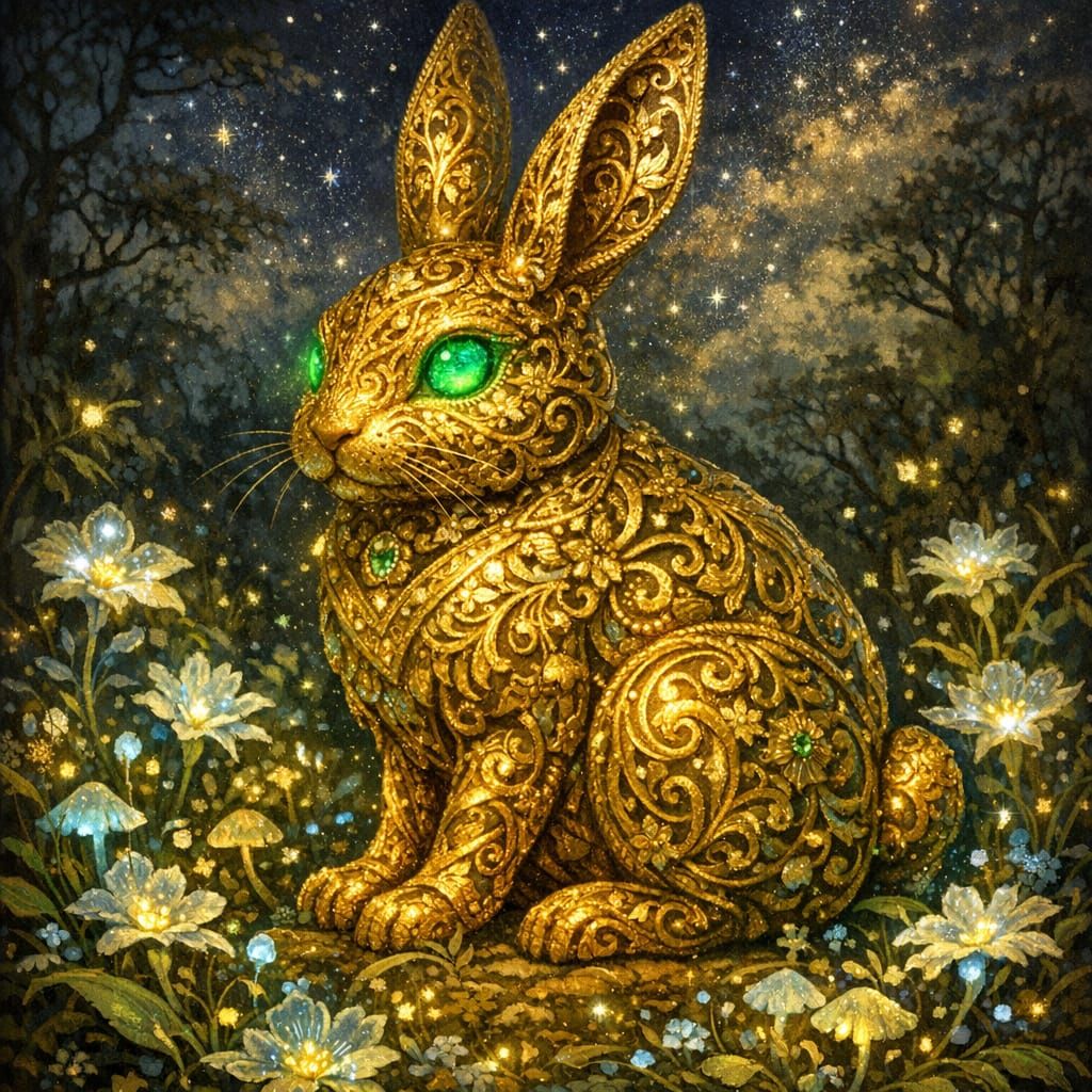 Golden Rabbit with Emerald Eyes in Bioluminescent Field
