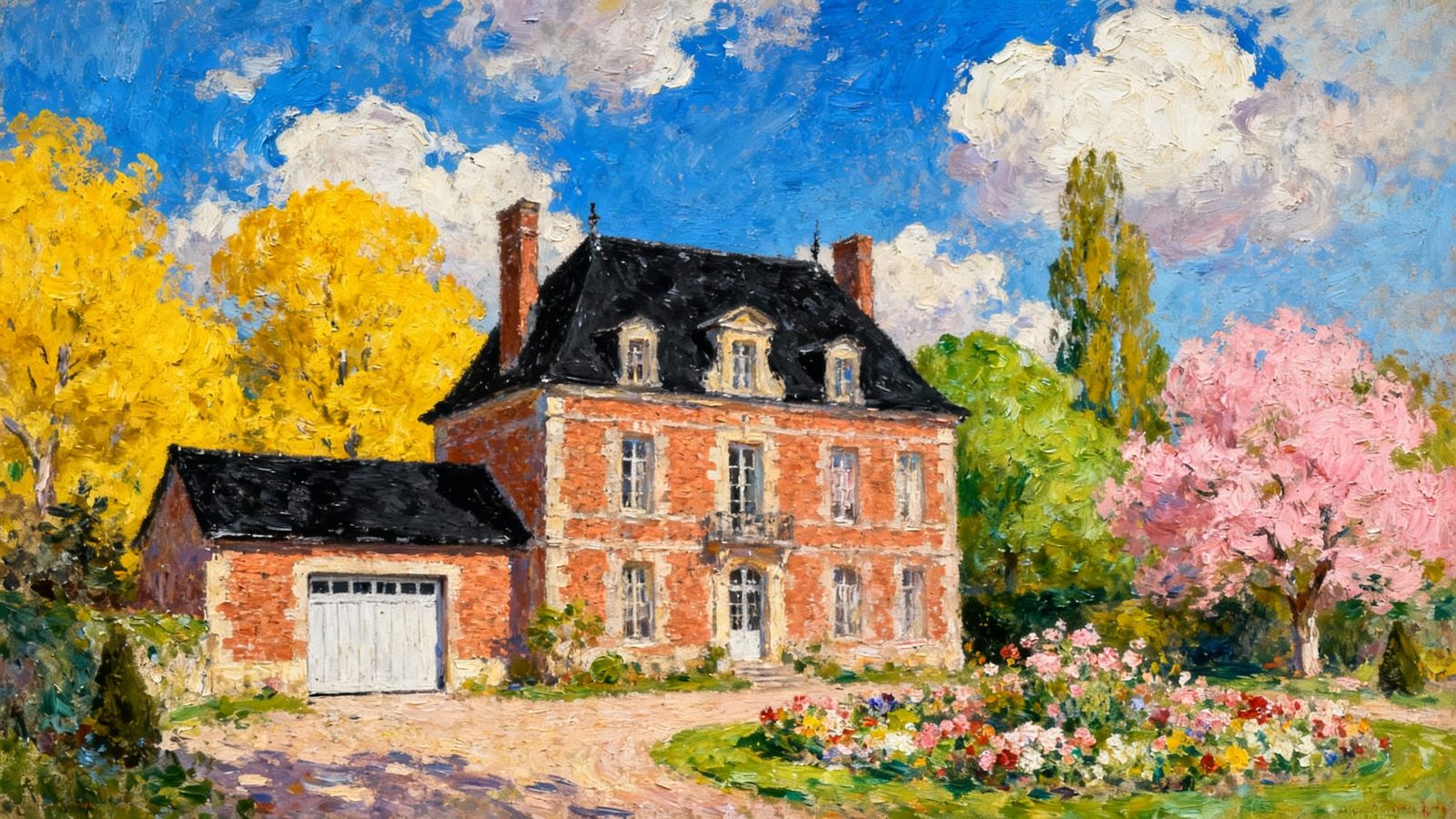 Grand Brick Chateau with Gardens in Painterly Style