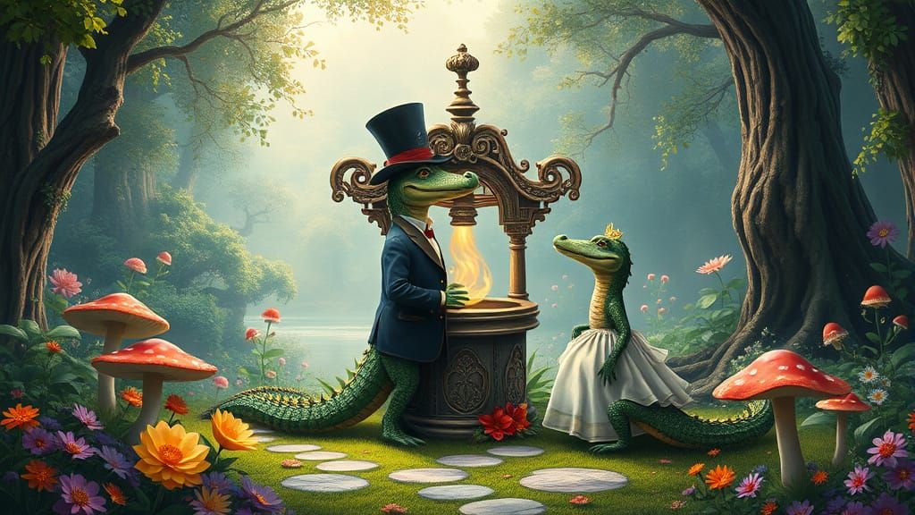 Regal Alligators Gaze Down at a Whimsical Wishing Well in a ...