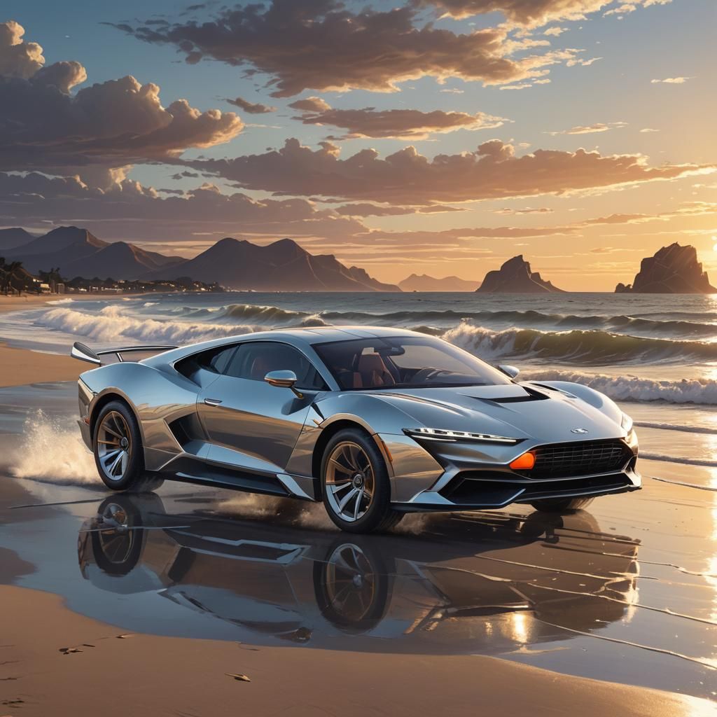 Futuristic Silver Car on Beach at Sunset