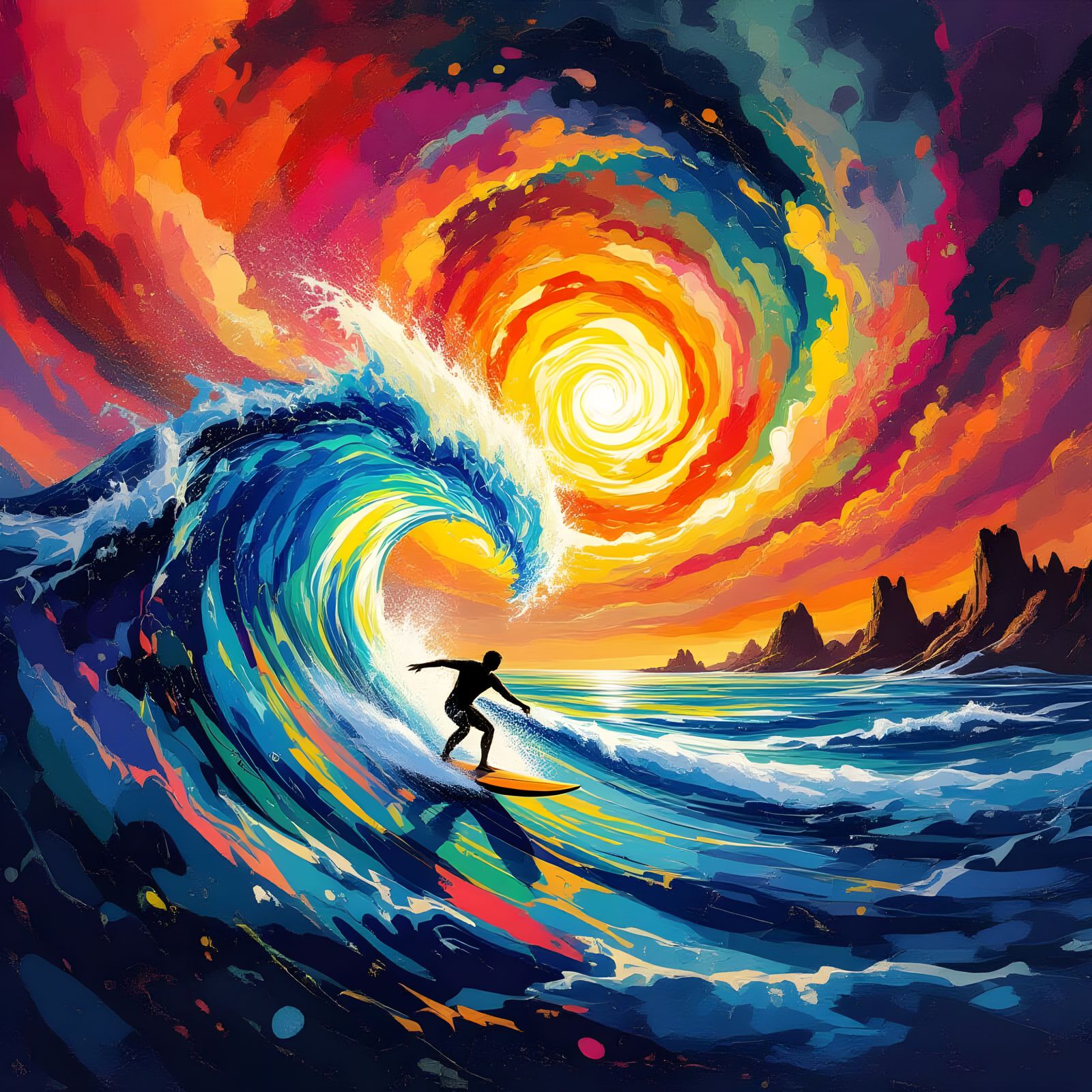 Surfer Rides Molten Glass Wave in Psychedelic Vortex Sky