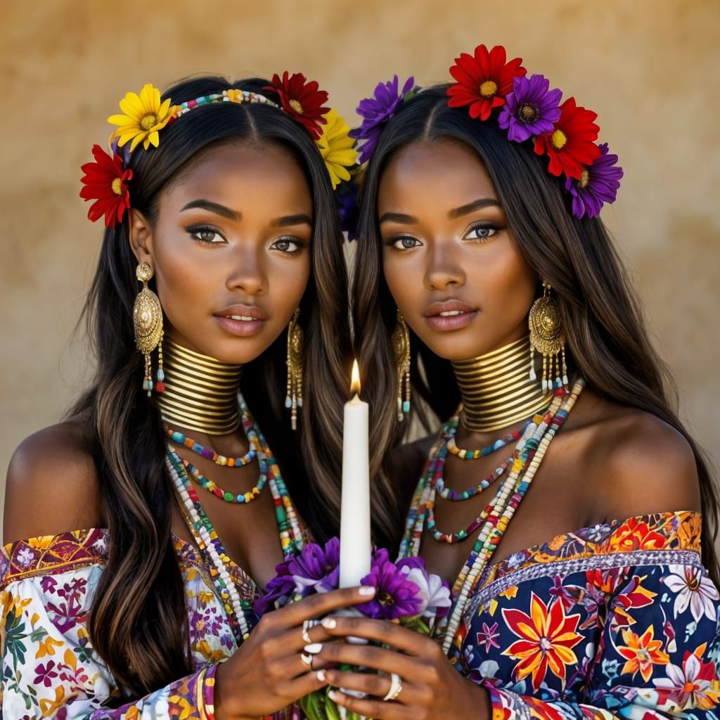 Elegant African Sisters with Flowers and Candle