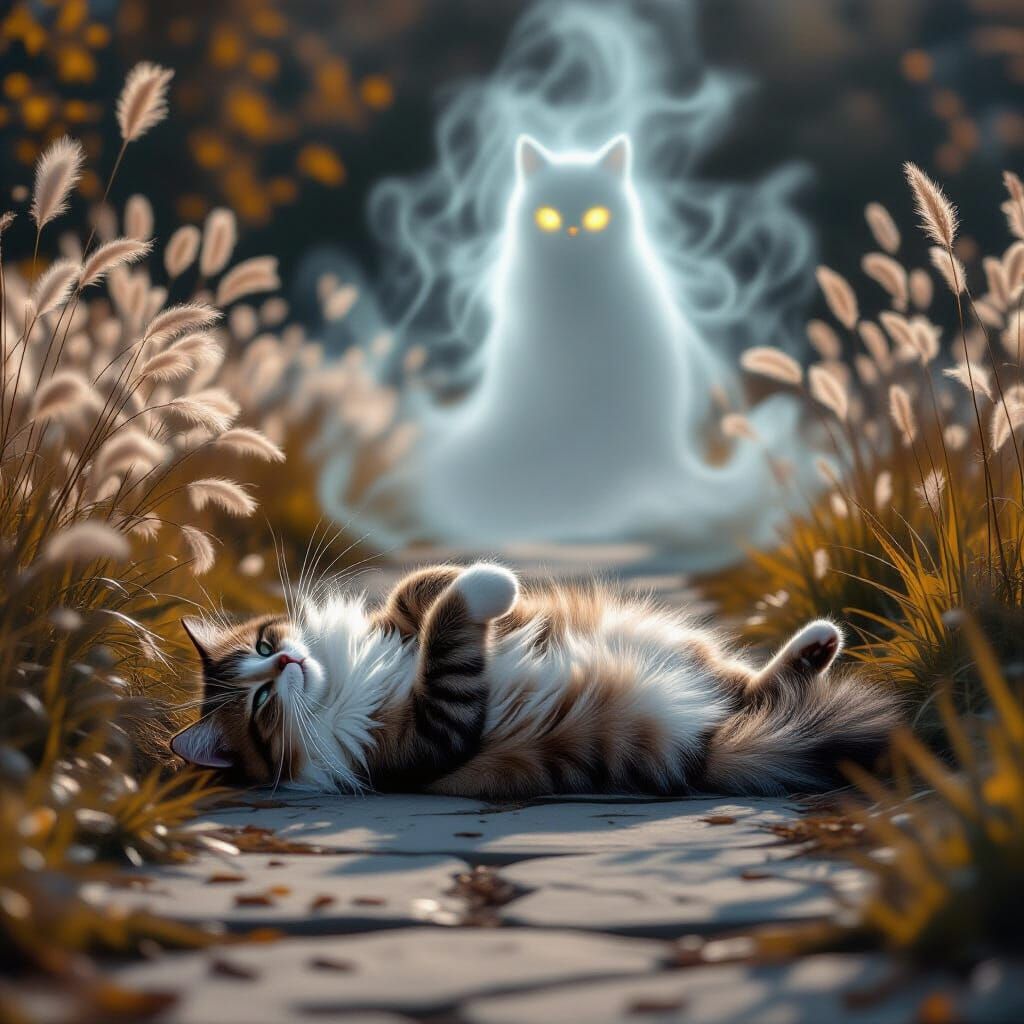 Dreamy Ghost Cat on Stone Path