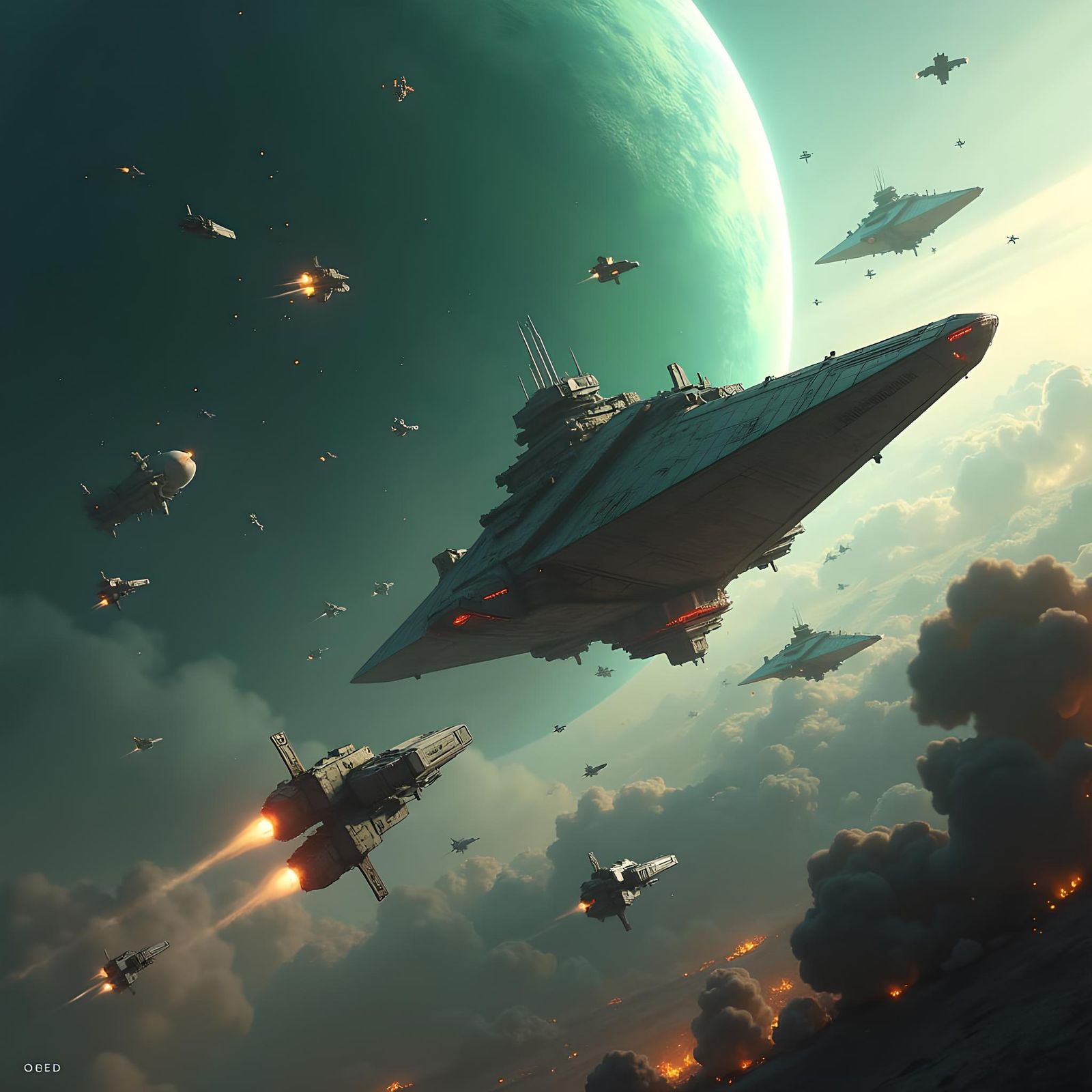 Epic Space Battle Near Planet: Matte Painting