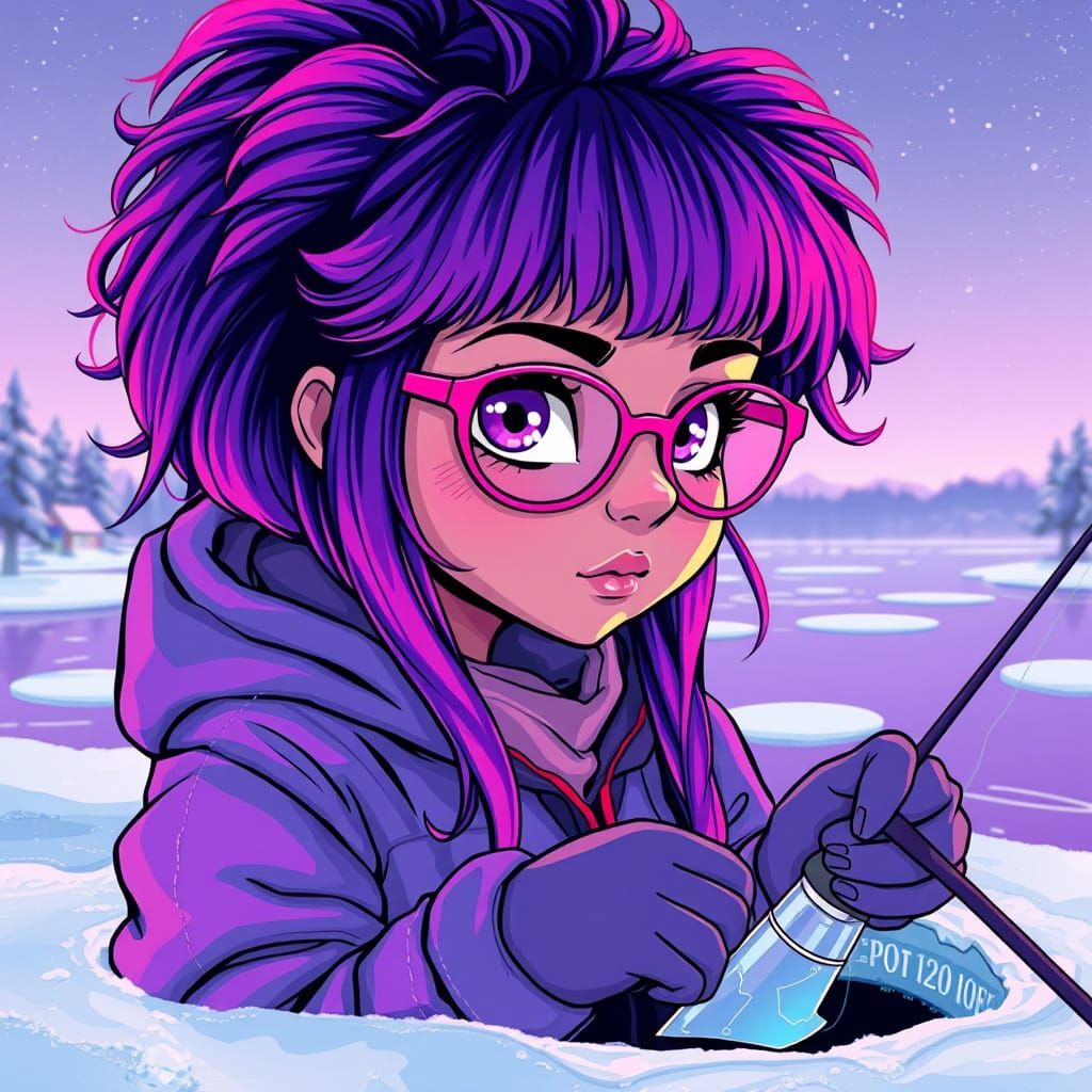 Gothic Cartoon Goddess Dances in Neon Winter Wonderland