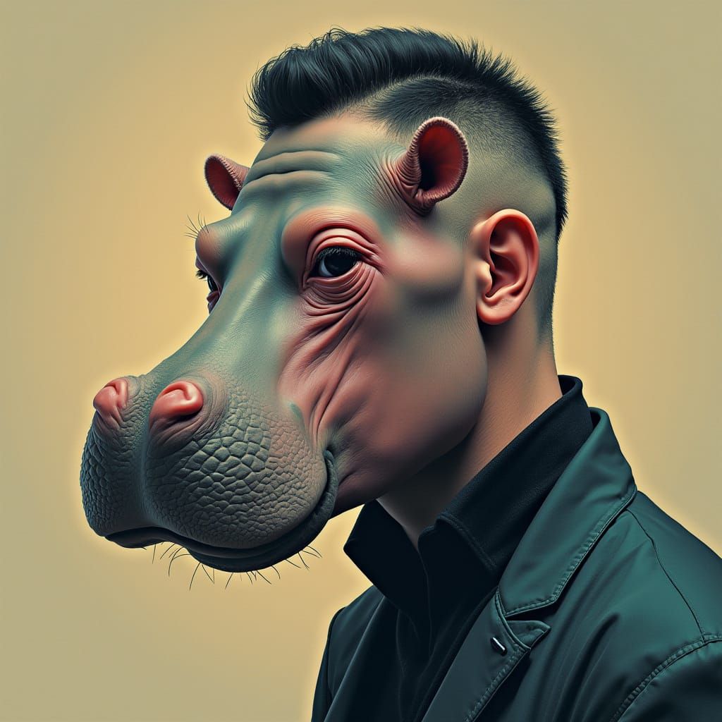Surrealist Fusion of Human and Hippopotamus with Low Taper F...