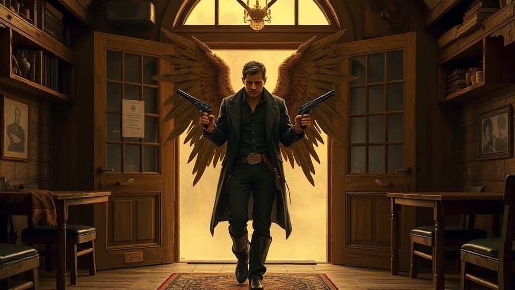 Angel Gunslinger Enters Saloon with Revolvers