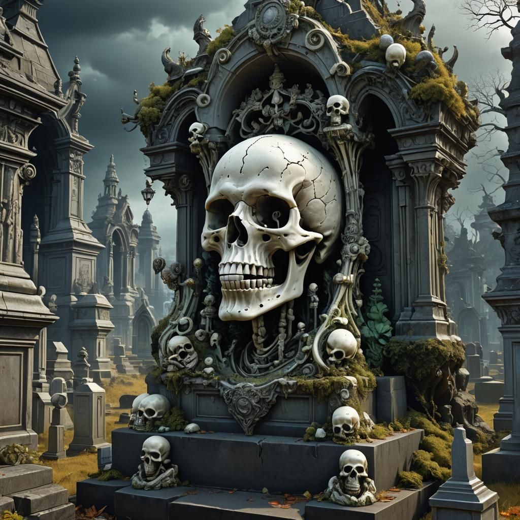 Ethereal Bone Monolith Emerges in Cemetery at Night