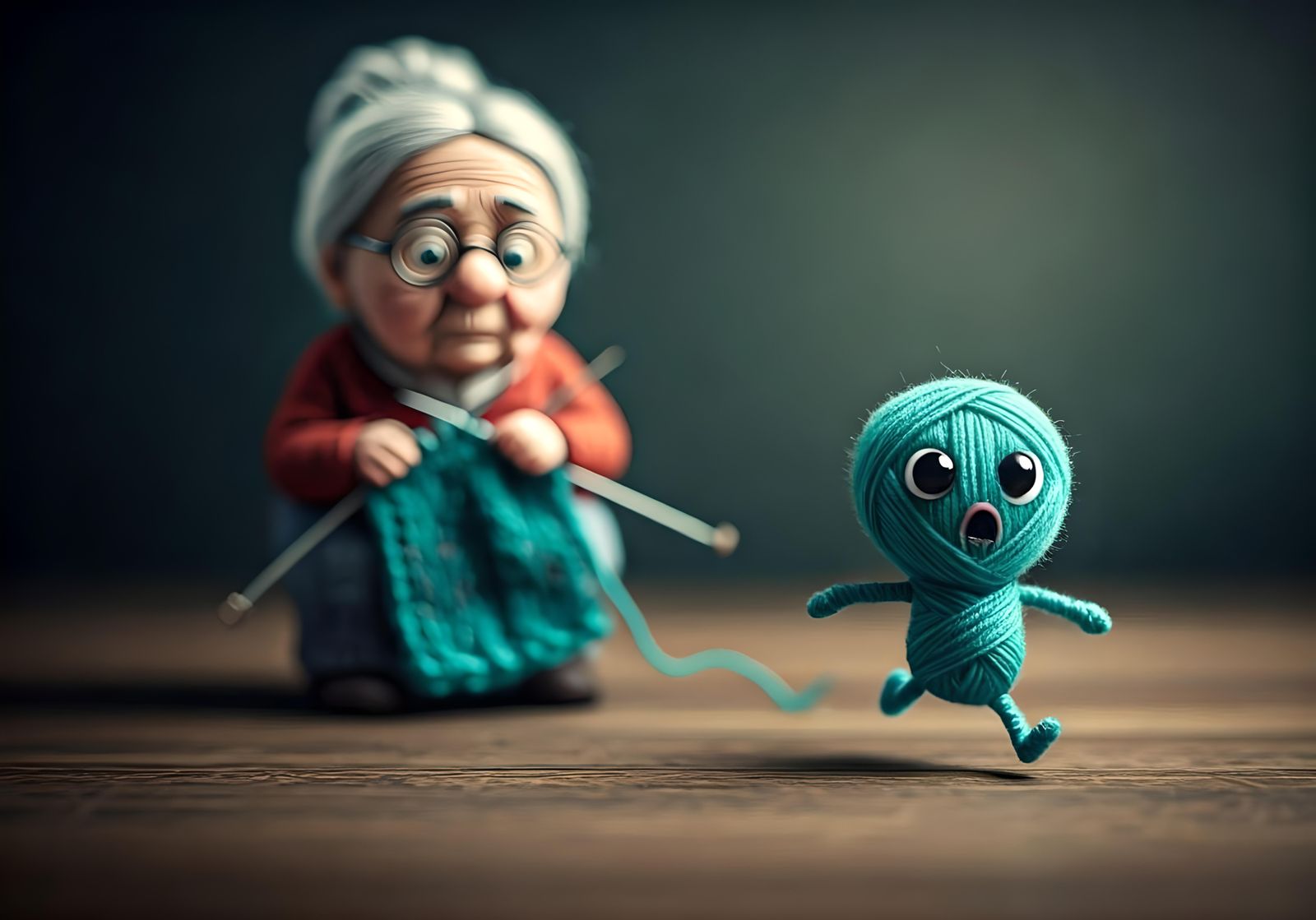 Hyperrealistic Yarn Creature Escaping Grandma