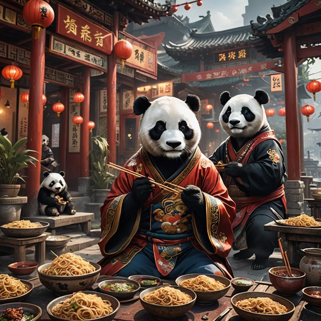 Chinatown Woman and Panda Sharing Noodles