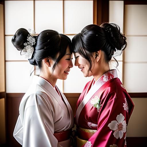 Two Women in Kimonos About to Kiss