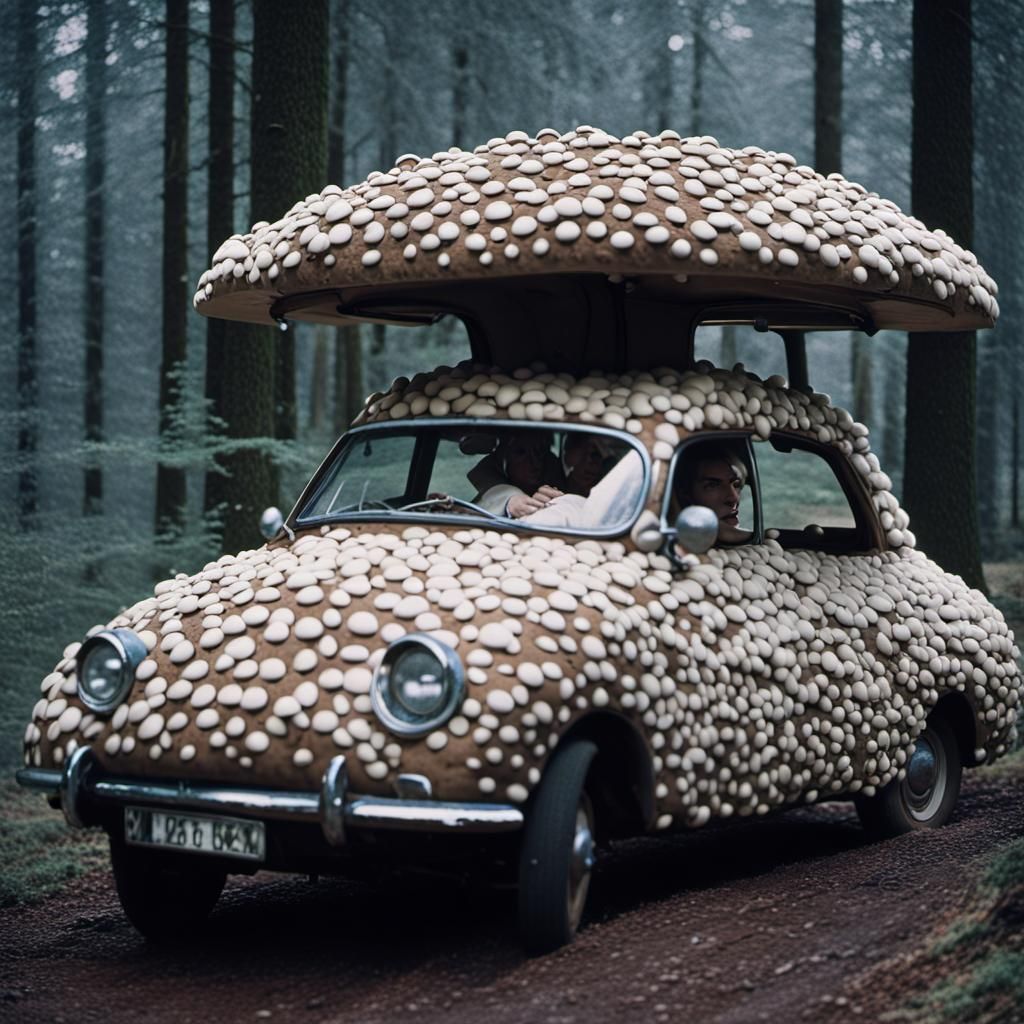 Mushroom-Covered Car in Black Forest, 1960s Film Style