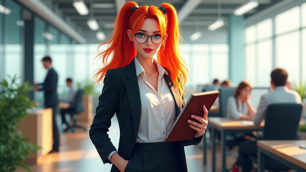 Confident Businesswoman in a Bustling Office Scene