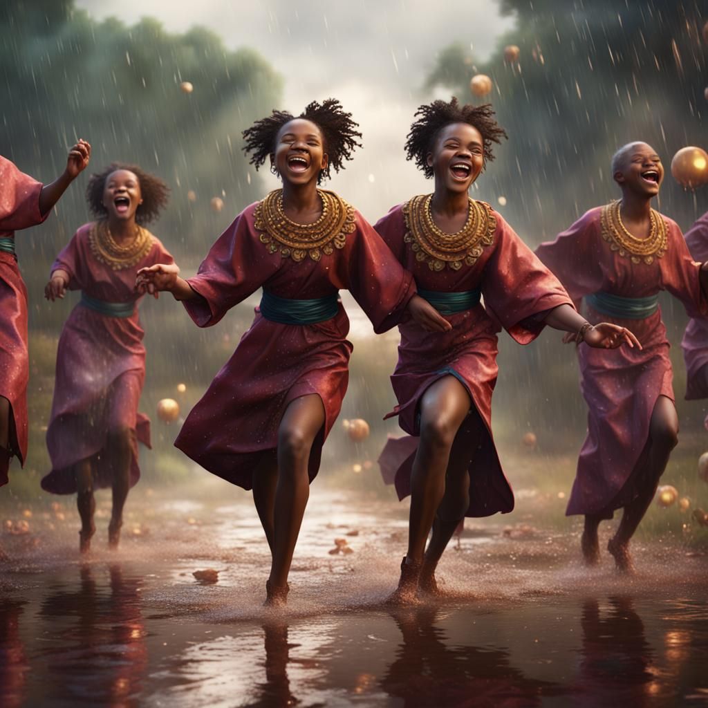 Joyful African Girl Dancing in the Rain