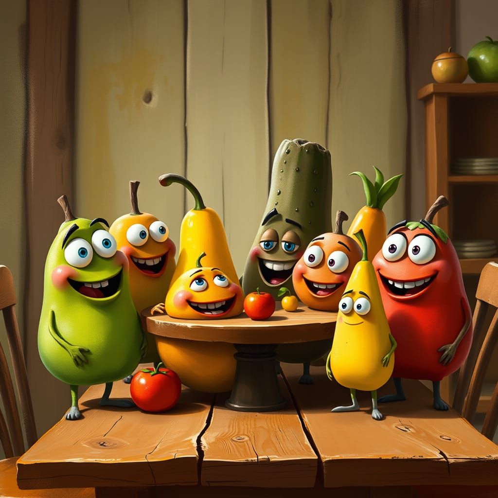 Whimsical Fruit Characters Gather Around a Cozy Table in Vib...