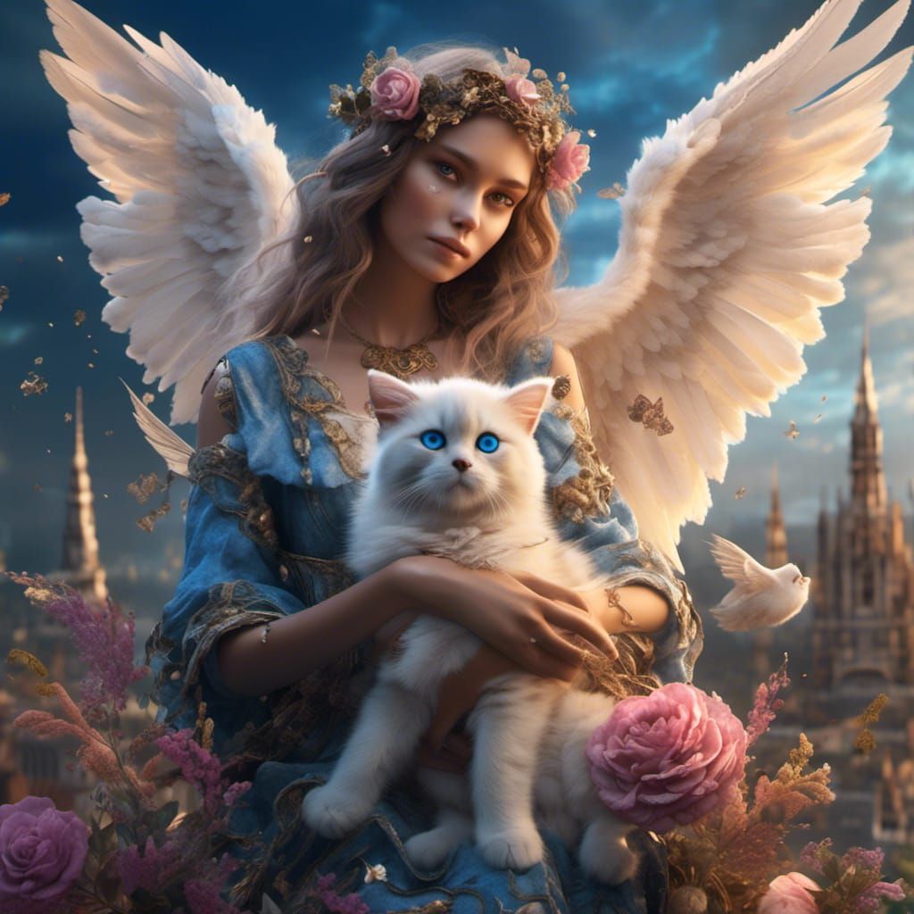 Blue-Eyed Angel with Puppy and Kitten