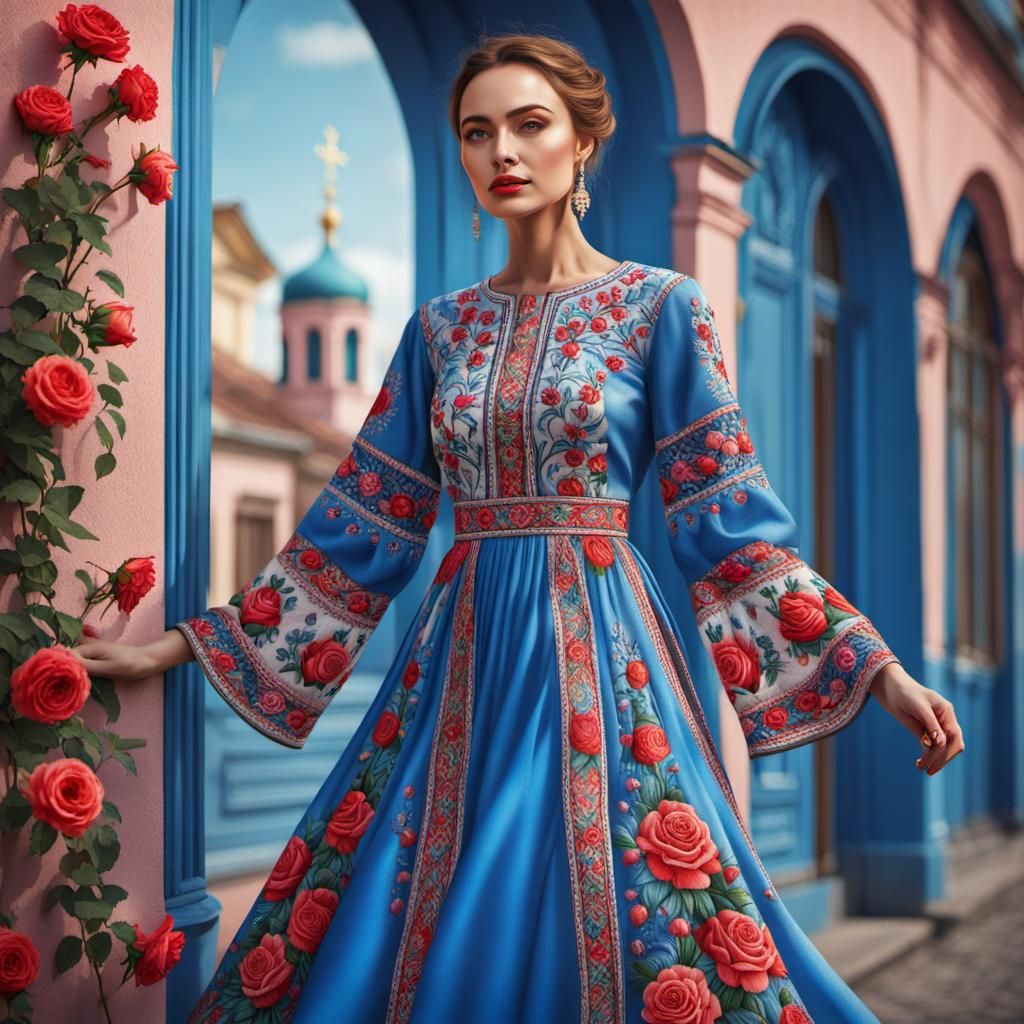 Dress design for beautiful women in Ukrainian style of traditional embroidery.