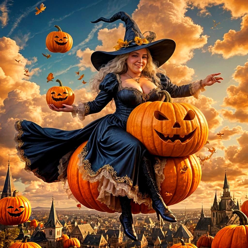 Mature French Witch Flies on Pumpkin in Matte Painting