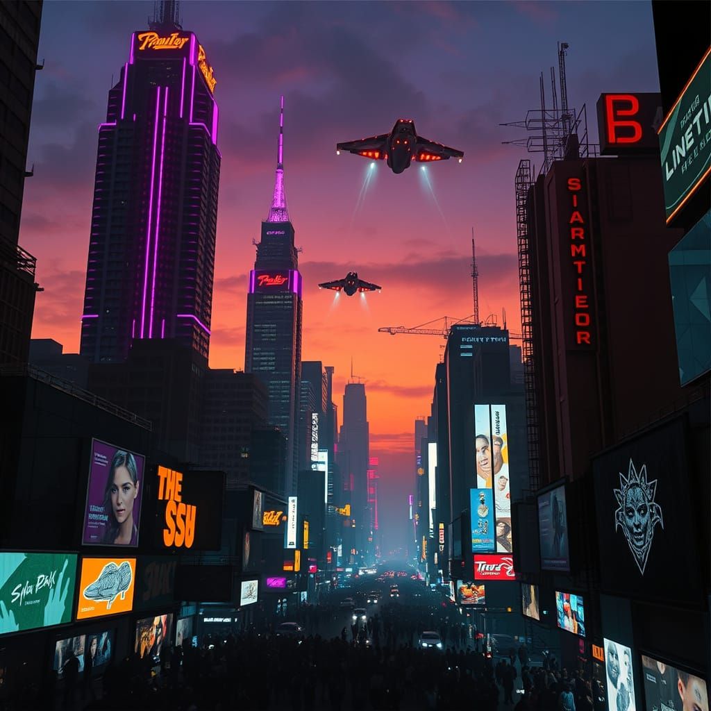 Cyberpunk Cityscape at Twilight, with Flying Vehicles and Ne...