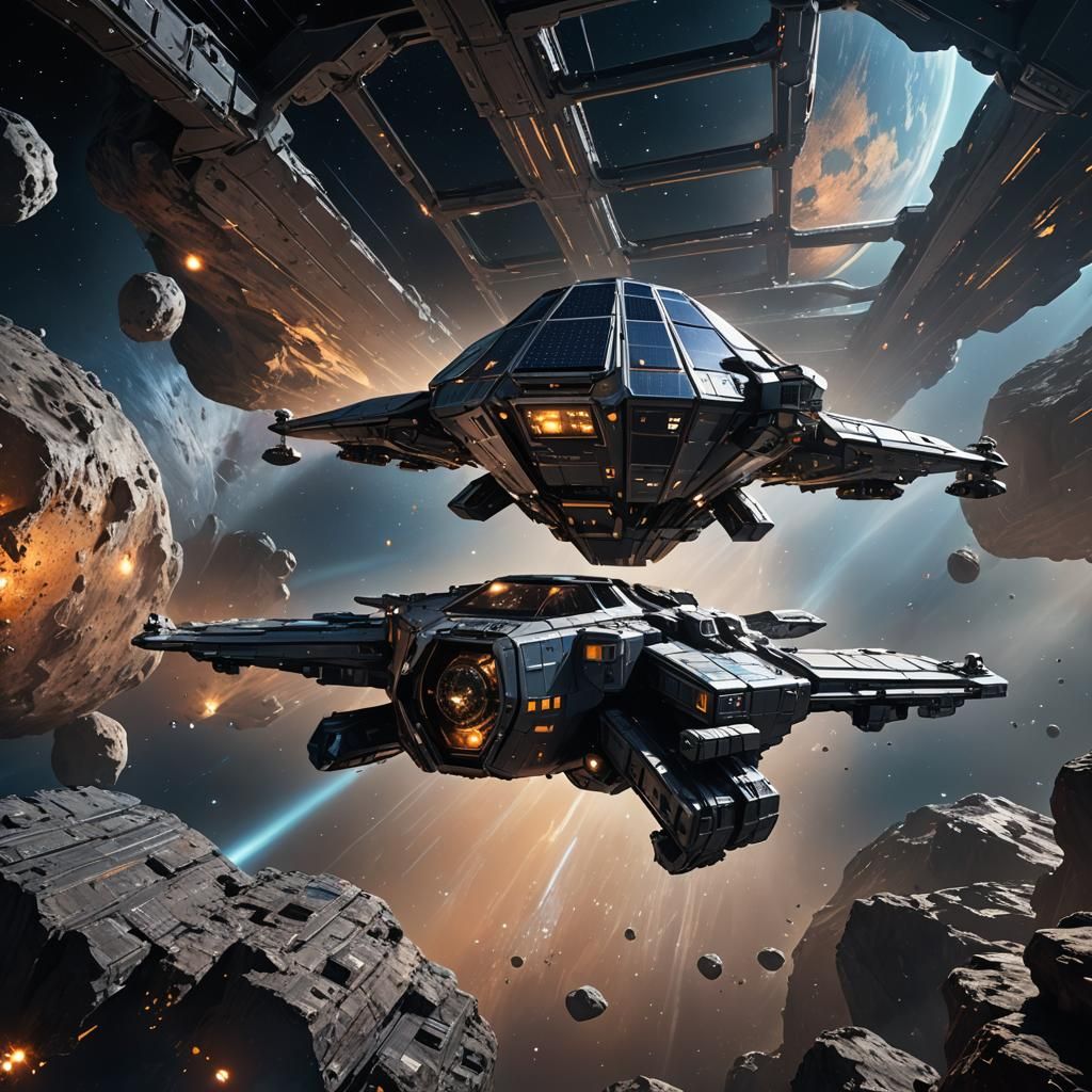 Asteroid Belt Journey: Syd Mead-Inspired Spacecraft