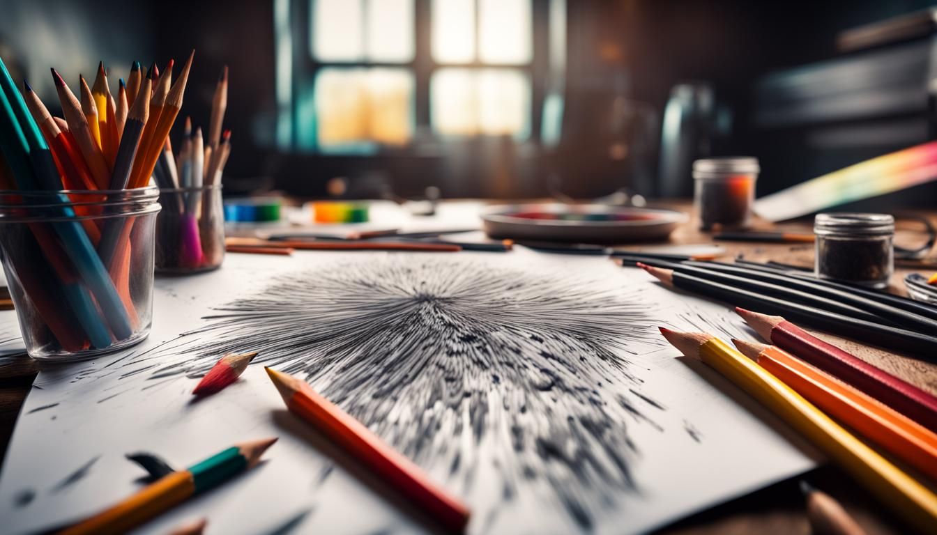 Ant's-Eye View of Hyperrealistic Artist's Desktop