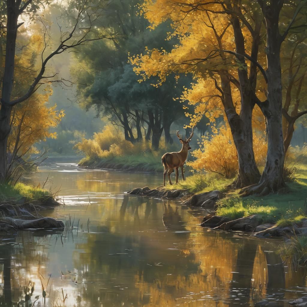 River Scene with Deer in Ink Splash Art Style