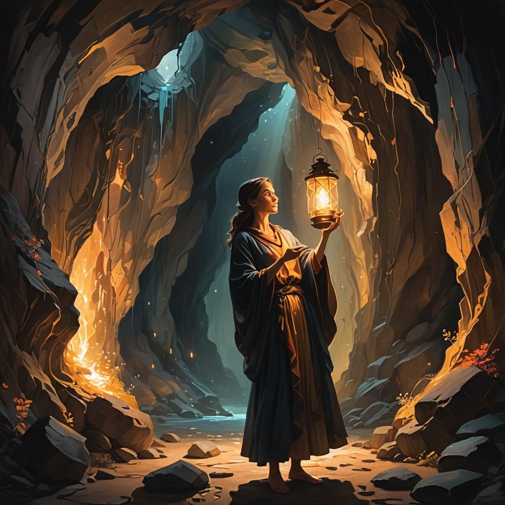Woman in Cave with Lantern: Fantastical Realism