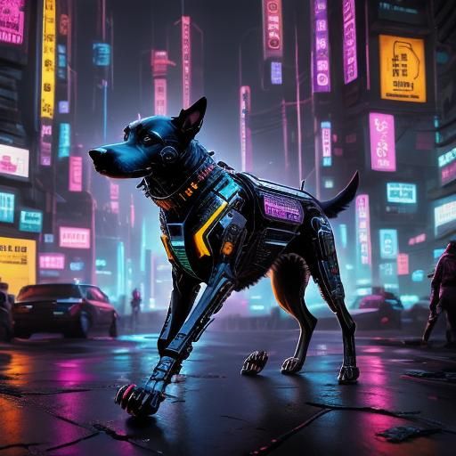 Cyberpunk Dog Patrolling Mean Streets with Bionic Nose