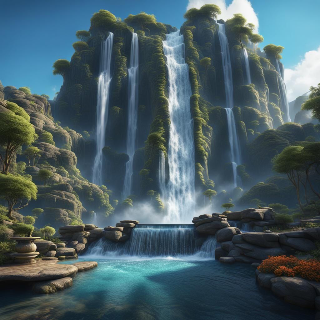 Cascading Waterfall Flowing into Infinity Pool