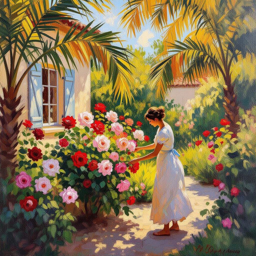 Impressionistic Cottage Garden with Roses and Palms