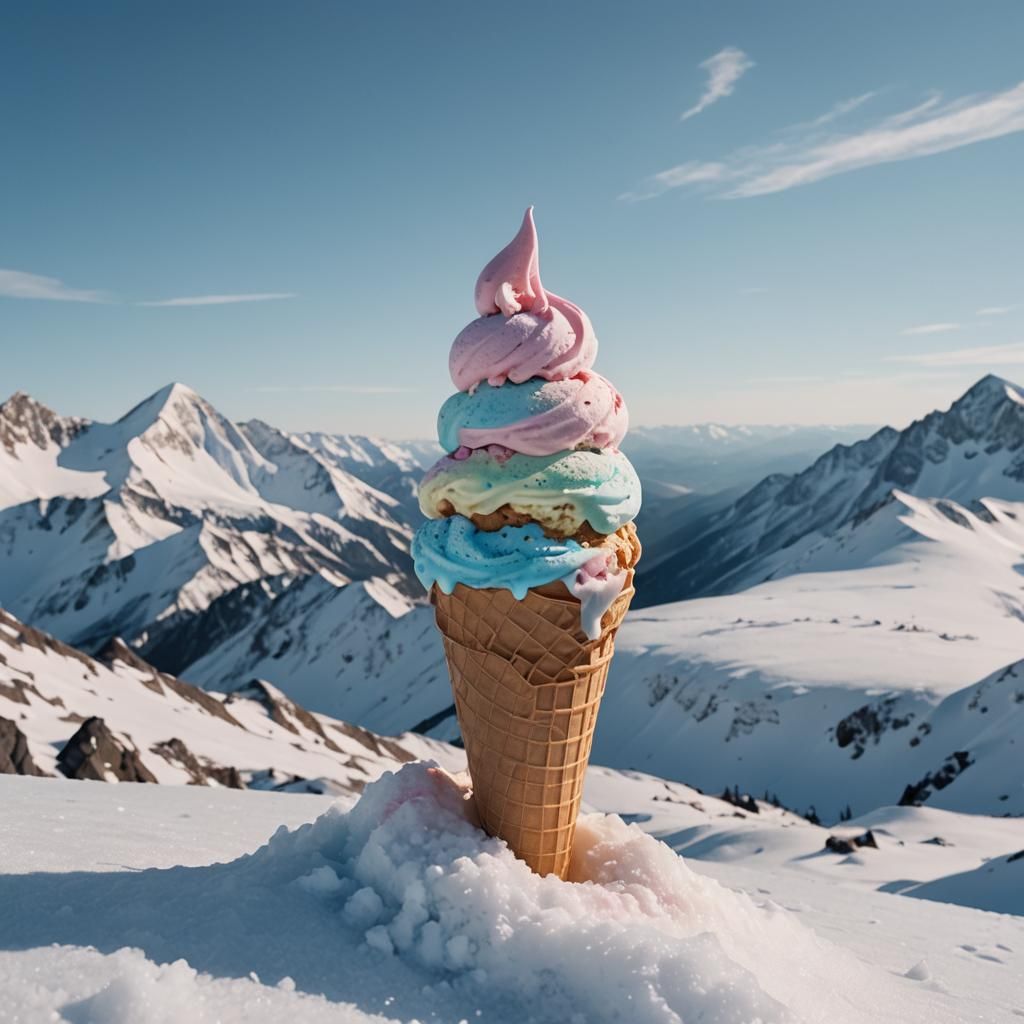 Giant Ice Cream Cone on Snowy Peak