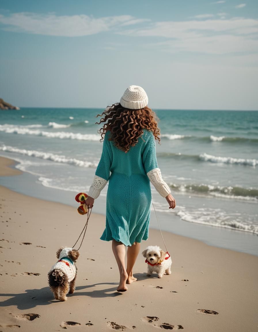 Woman on Turquoise Beach with Dog, Knitting