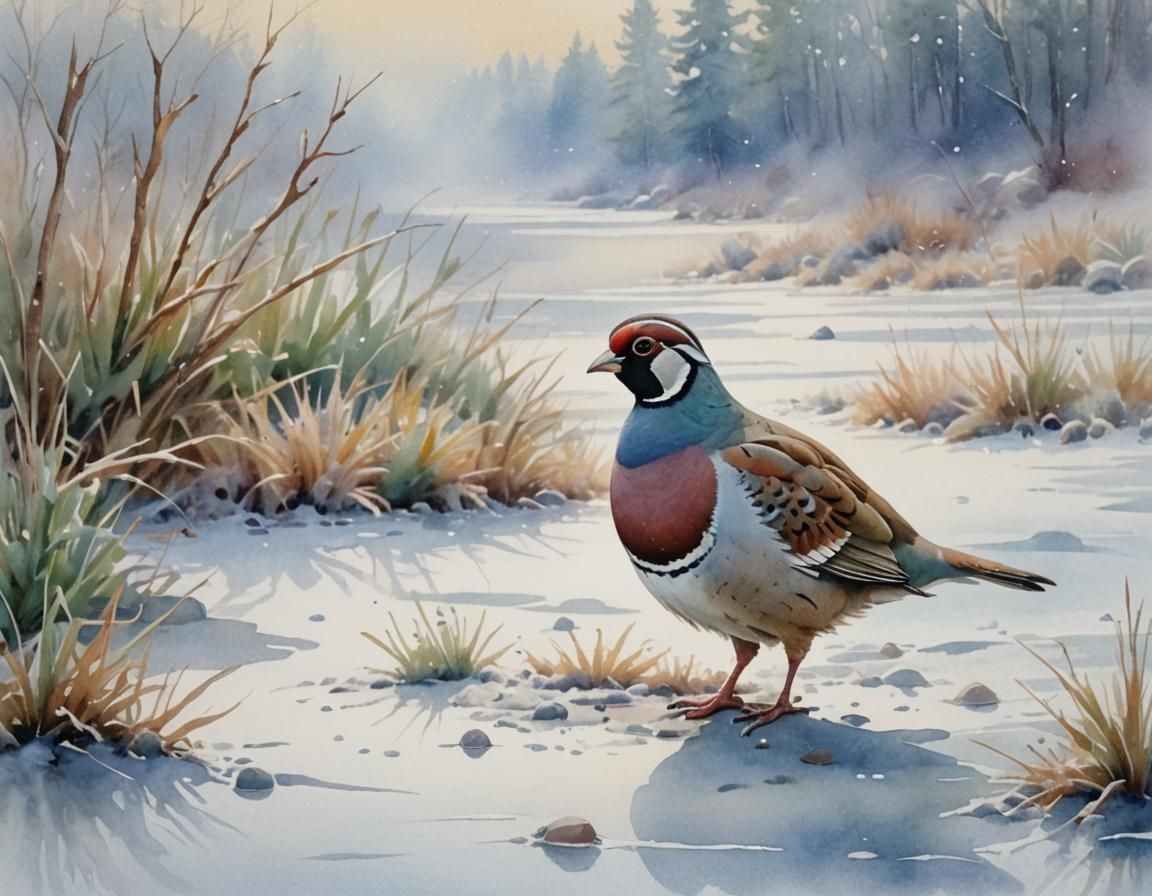 Chukar Partridge in Snowy Landscape, Watercolor Painting