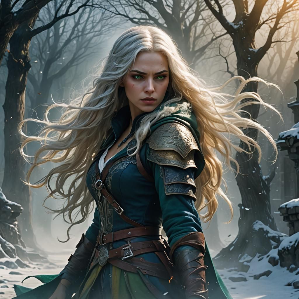 Female Assassin with Snow White Hair in Matte Painting