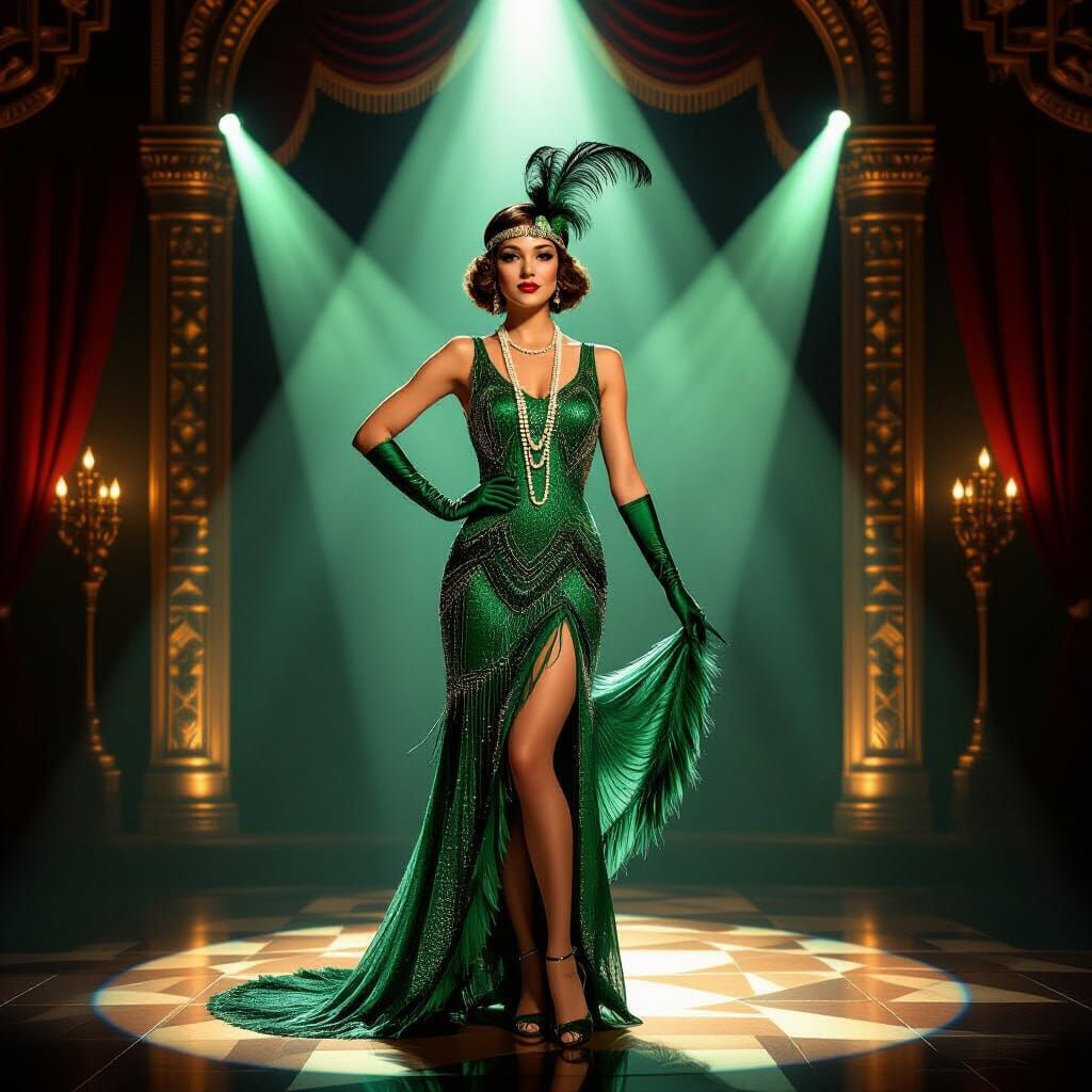Glamorous Showgirl in Emerald Flapper Dress on Art Deco Stag...
