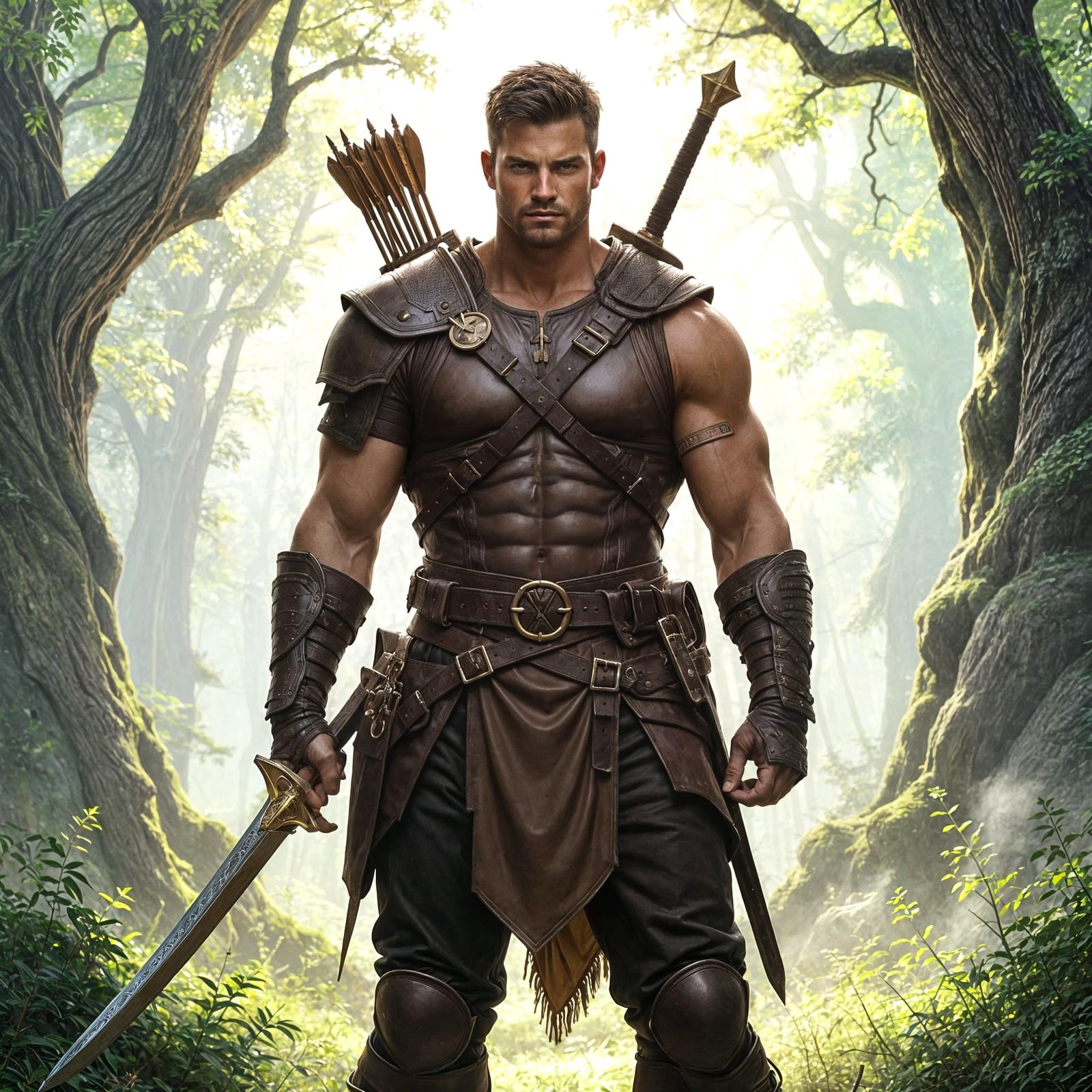 Muscular Ranger in Sunlit Forest Clearing
