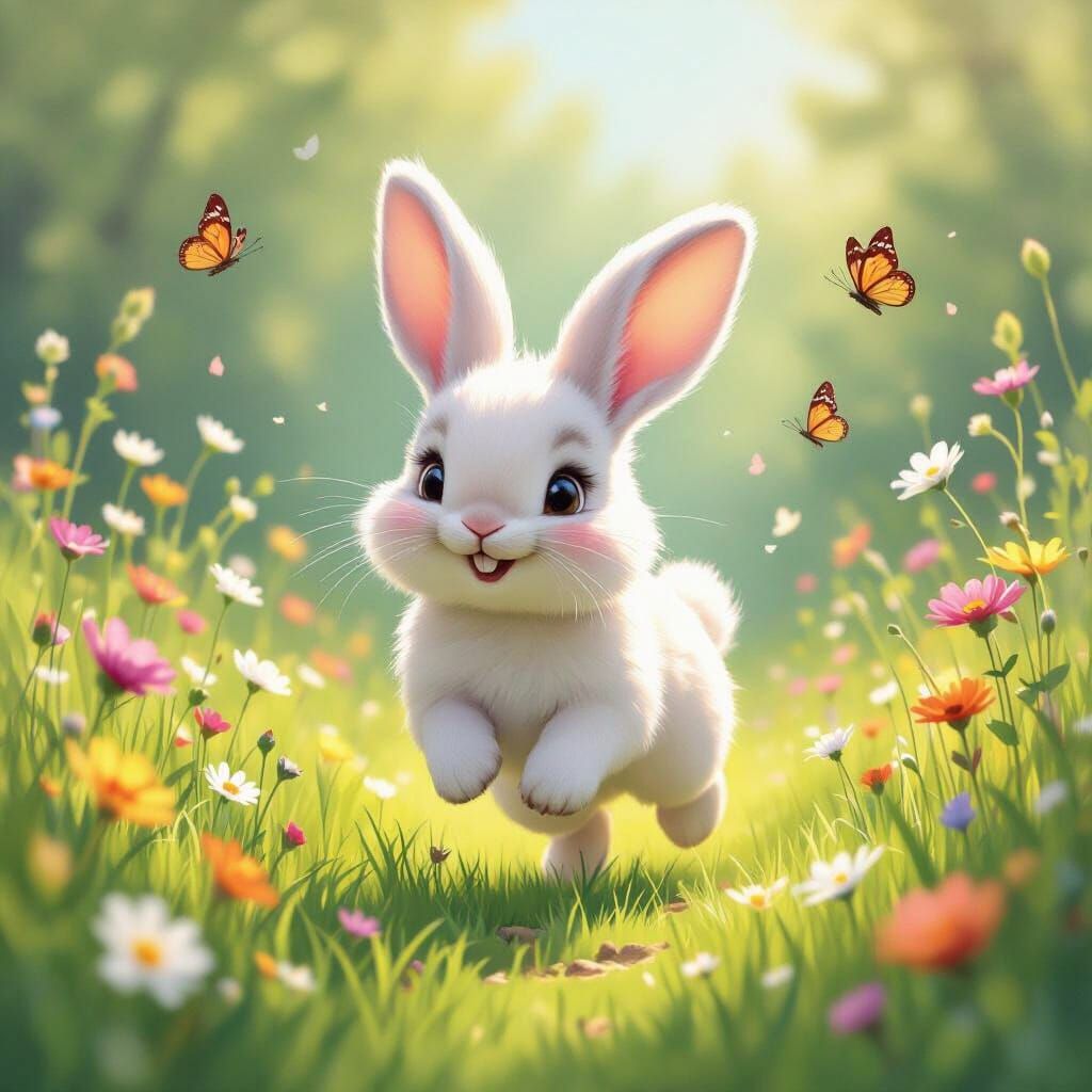 Joyful Bunny in Sunny Meadow, Whimsical Illustration