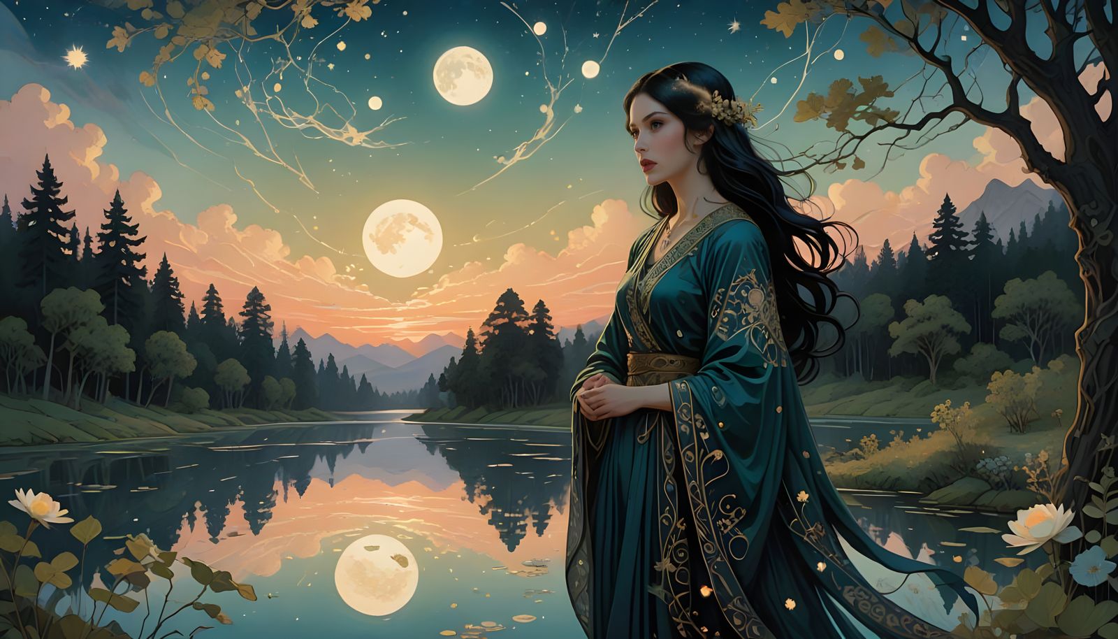 Hopeful Woman Stands at Lake's Edge with Radiant Light