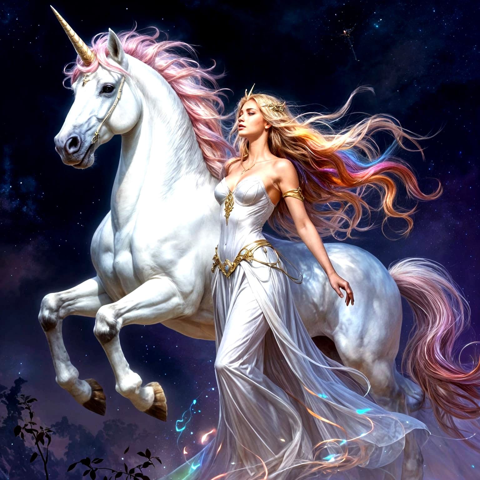 Elegant Goddess and Majestic Unicorn Amidst Magic