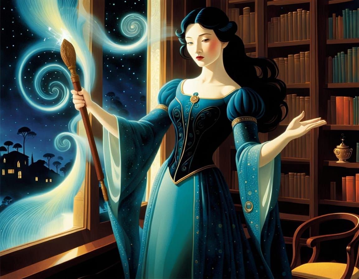 Magical Lady Waving Wand in Cozy Room, Dust Swirling