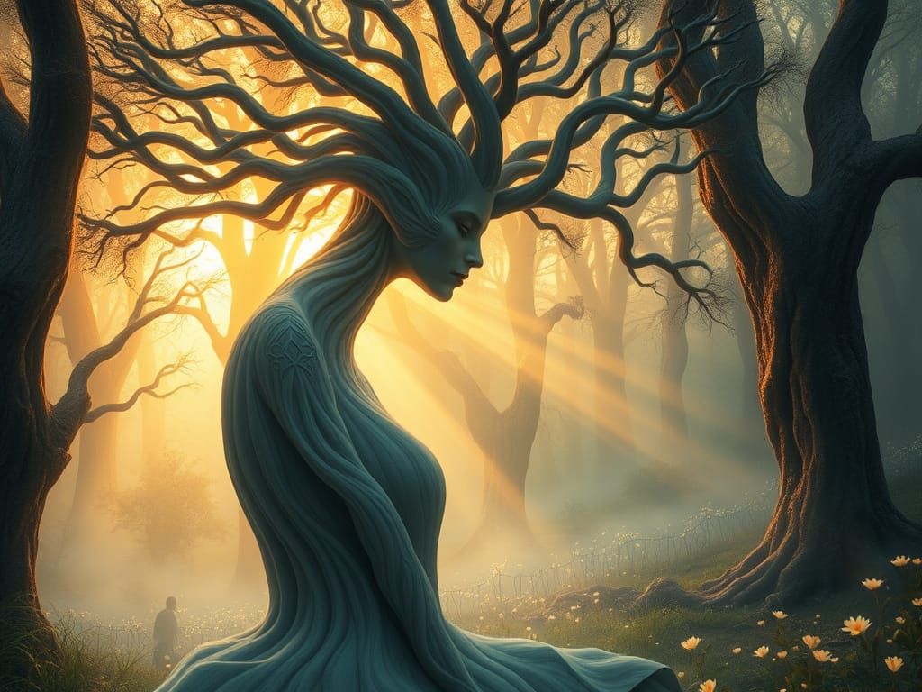 Ethereal Woman of Fibers Merging with Mystical Forest