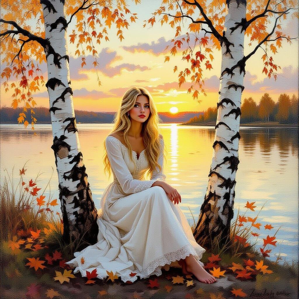 Romantic Lakeside Scene in Impasto Style