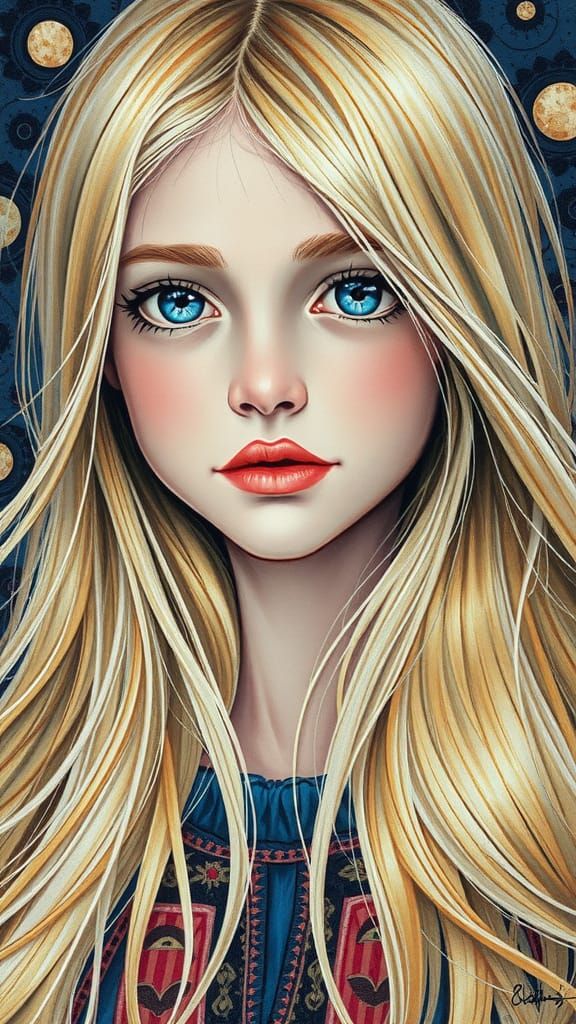 Youthful Beauty with Long Blond Hair in Abstract Ink