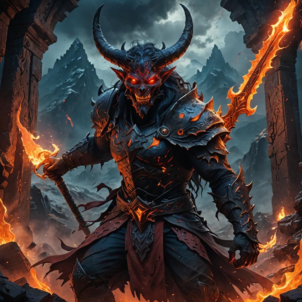 Epic Half-Demon Warrior in Mystical Ruins