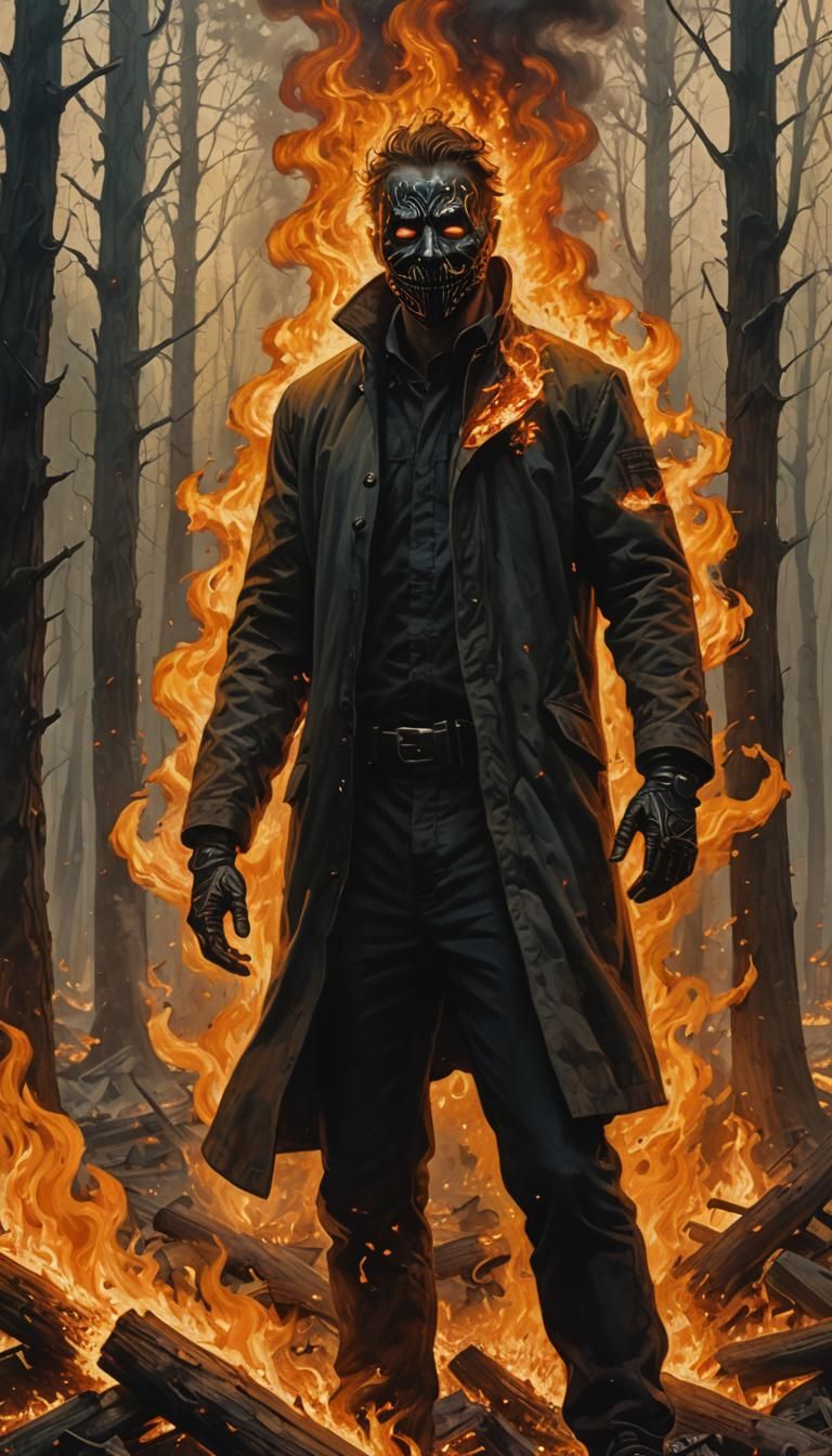 Fiery Man with Sun Aura and Black Mask